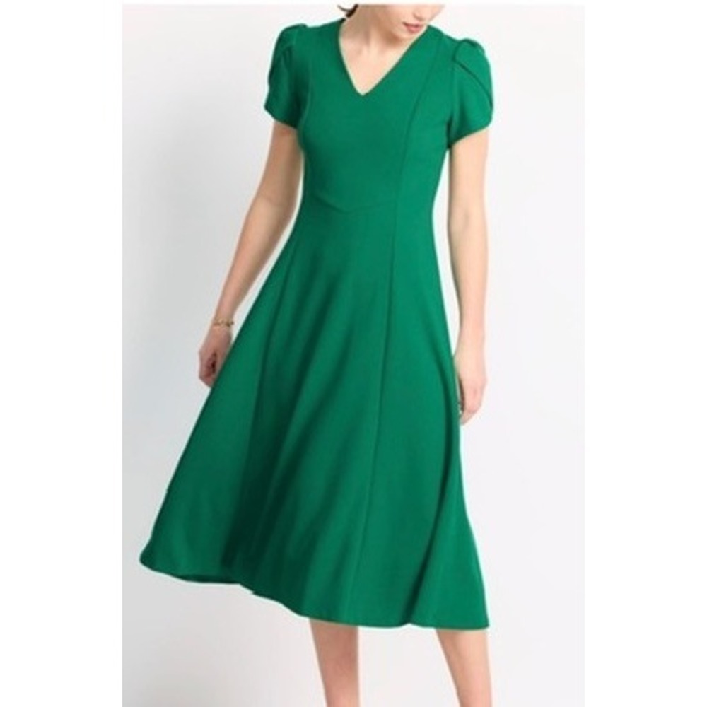 Calvin Klein Fit Flare Dress Womens Green Tulip Sleeve V-Neck 4 NWT